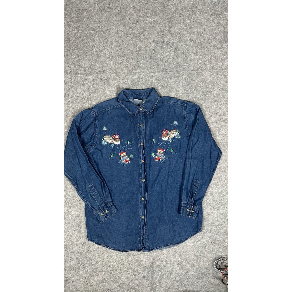 Cabin Creek Women's Blue Denim Button Down Shirt Size M Snowman Holiday Winter